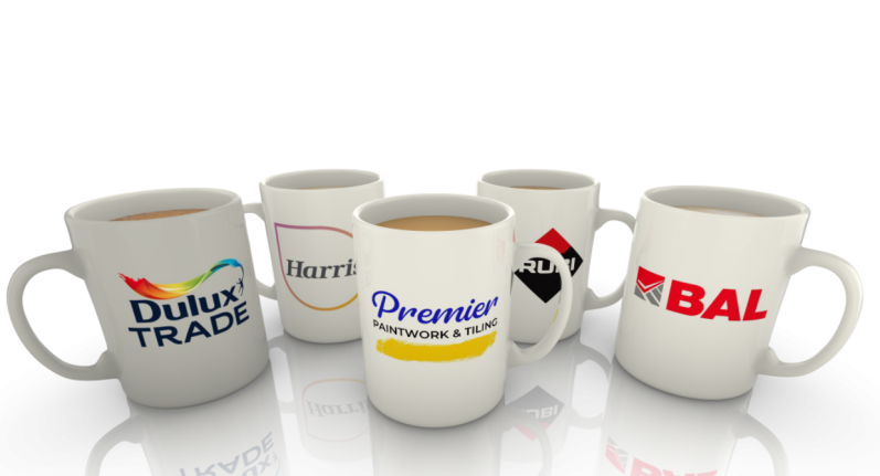 Tile Plan Pro Five coffee mugs with various logos and designs, arranged in a group.