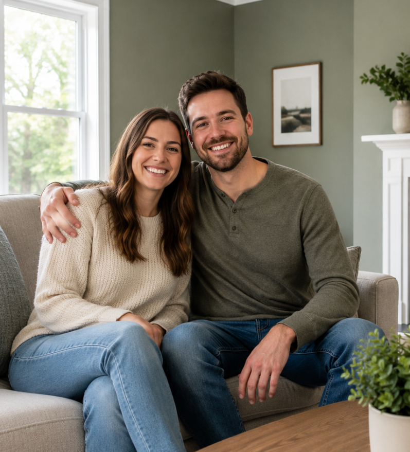 Contact Us A smiling couple sitting closely together in a newly decorated room enjoying each other's company.